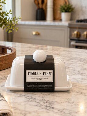 Fiddle + Fern White Stoneware Butter Dish-NWT
